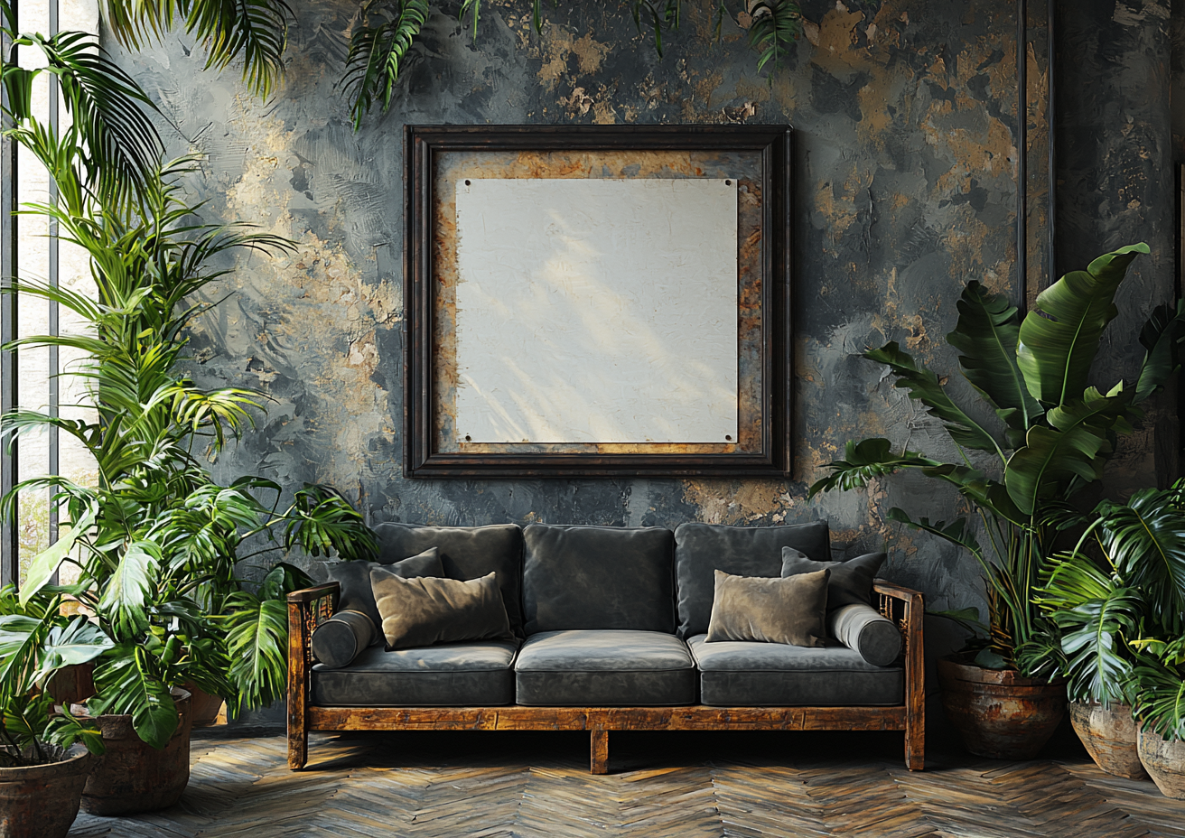 Real photo of dark sofa with plants and empty frame.