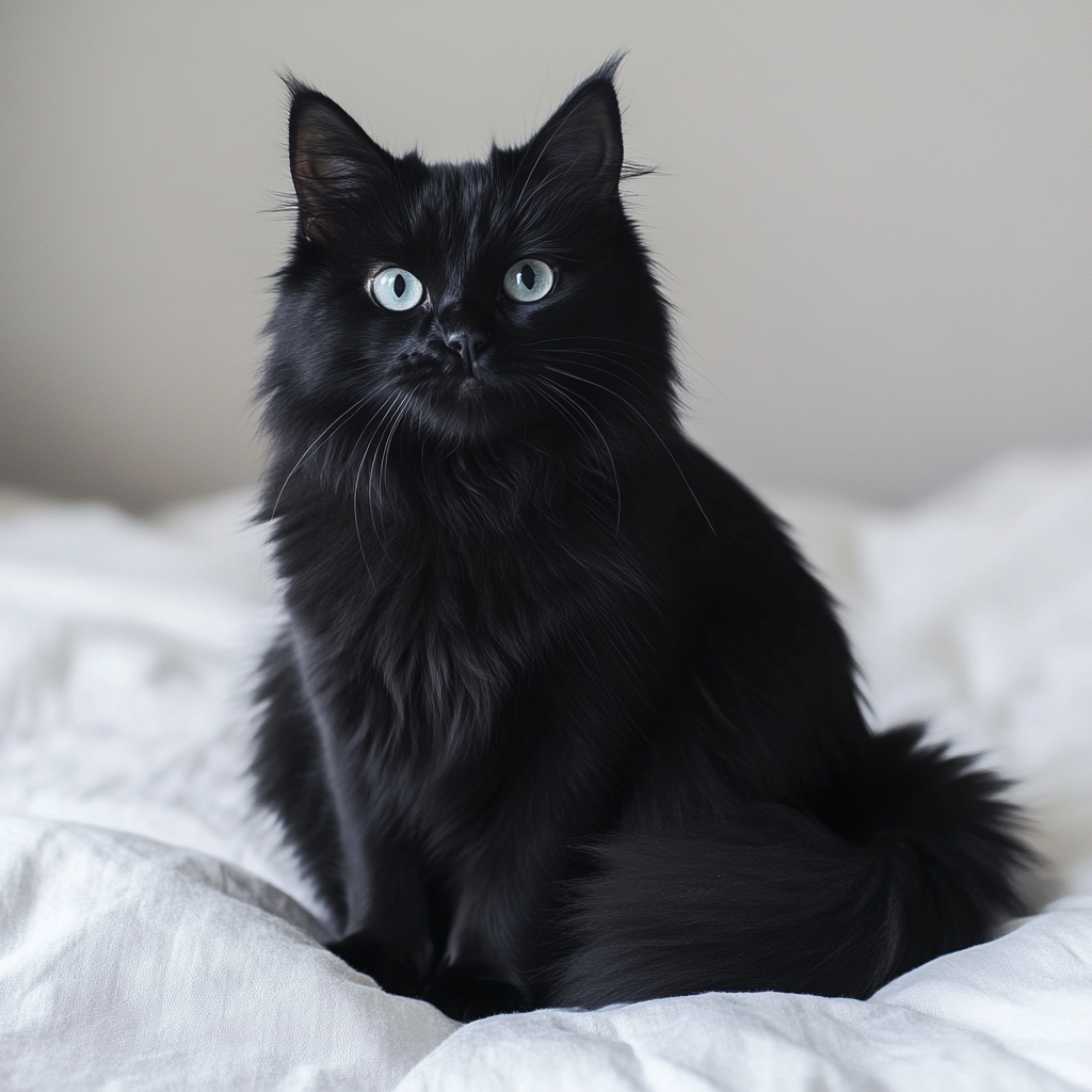 Real shot of black cat with long tail, fluffy fur, big eyes, sitting on bed.