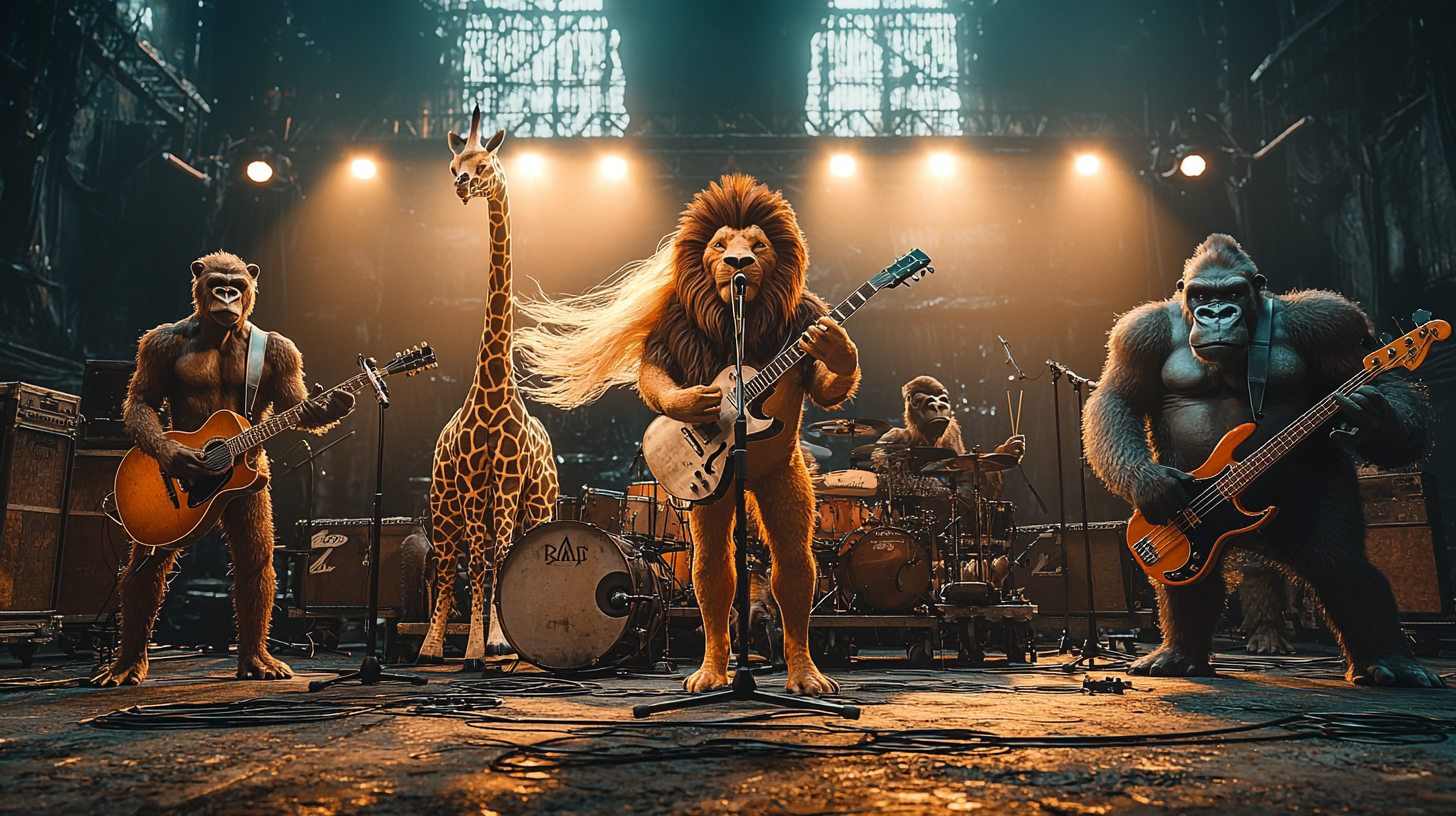 Realistic 3D Rendered Animal Band on Stage