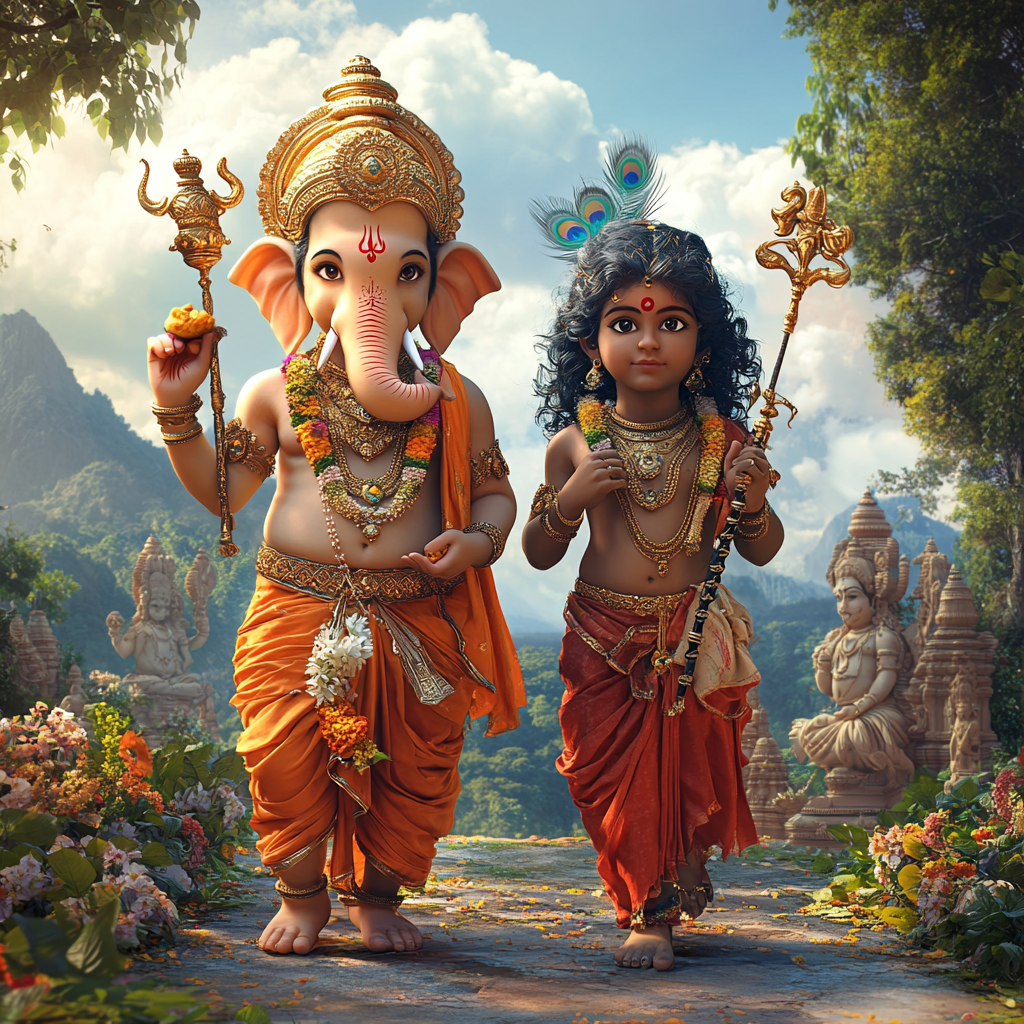 Realistic 4K Image: Young Lord Ganesh and Kartikeya