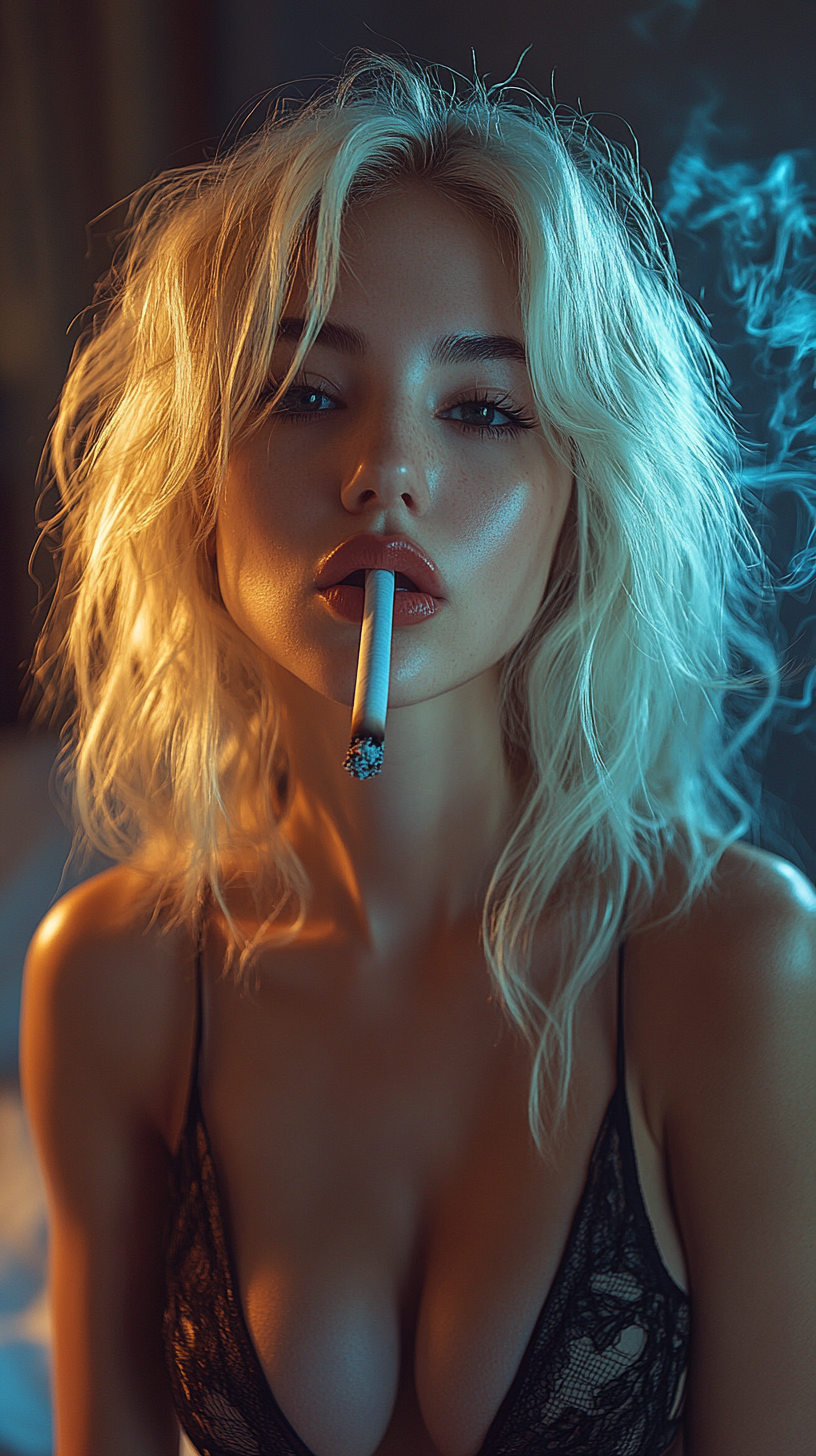 Realistic 8K Photo: Blonde Girl Smoking in Luxurious Bedroom