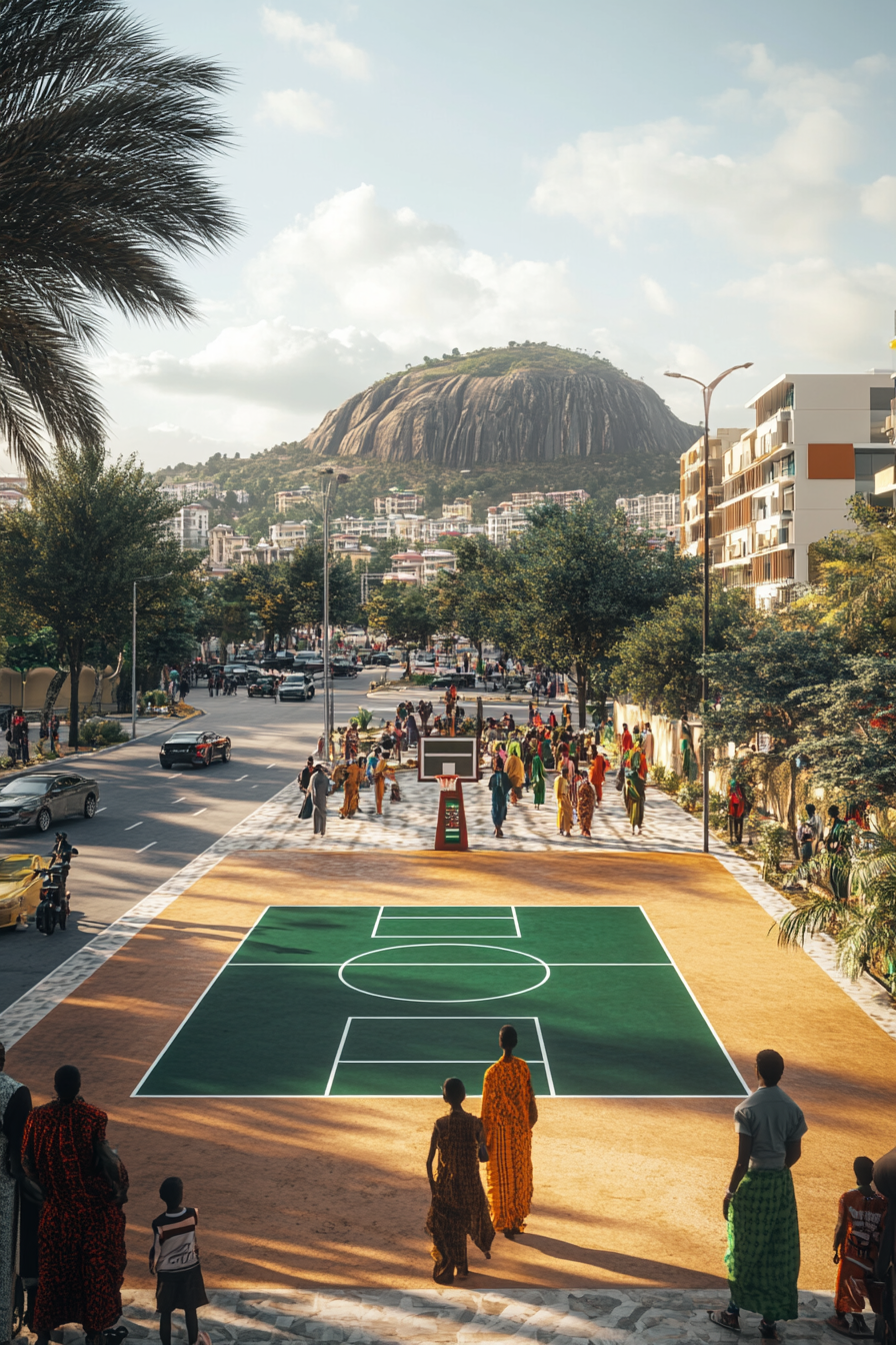 Realistic Abuja scene with basketball court, cultural clothing, marketplace.