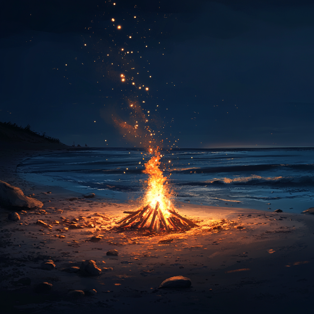 Realistic Beach Night Scene with Large Bonfire.