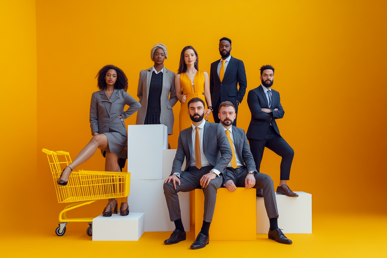 Realistic Business Group Photo in Yellow Studio Setting