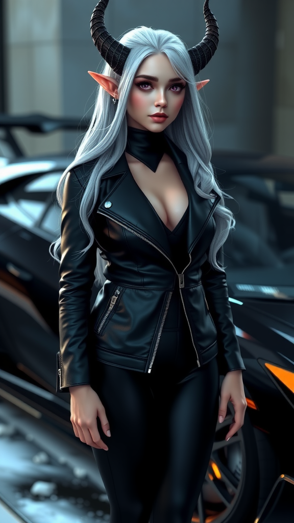 Realistic Dark Elf Girl Near Lamborghini Car