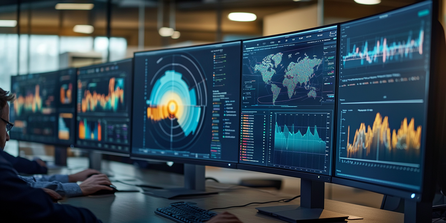 Realistic Data Lab Computers Showing Radar, Graphs, and Faces 