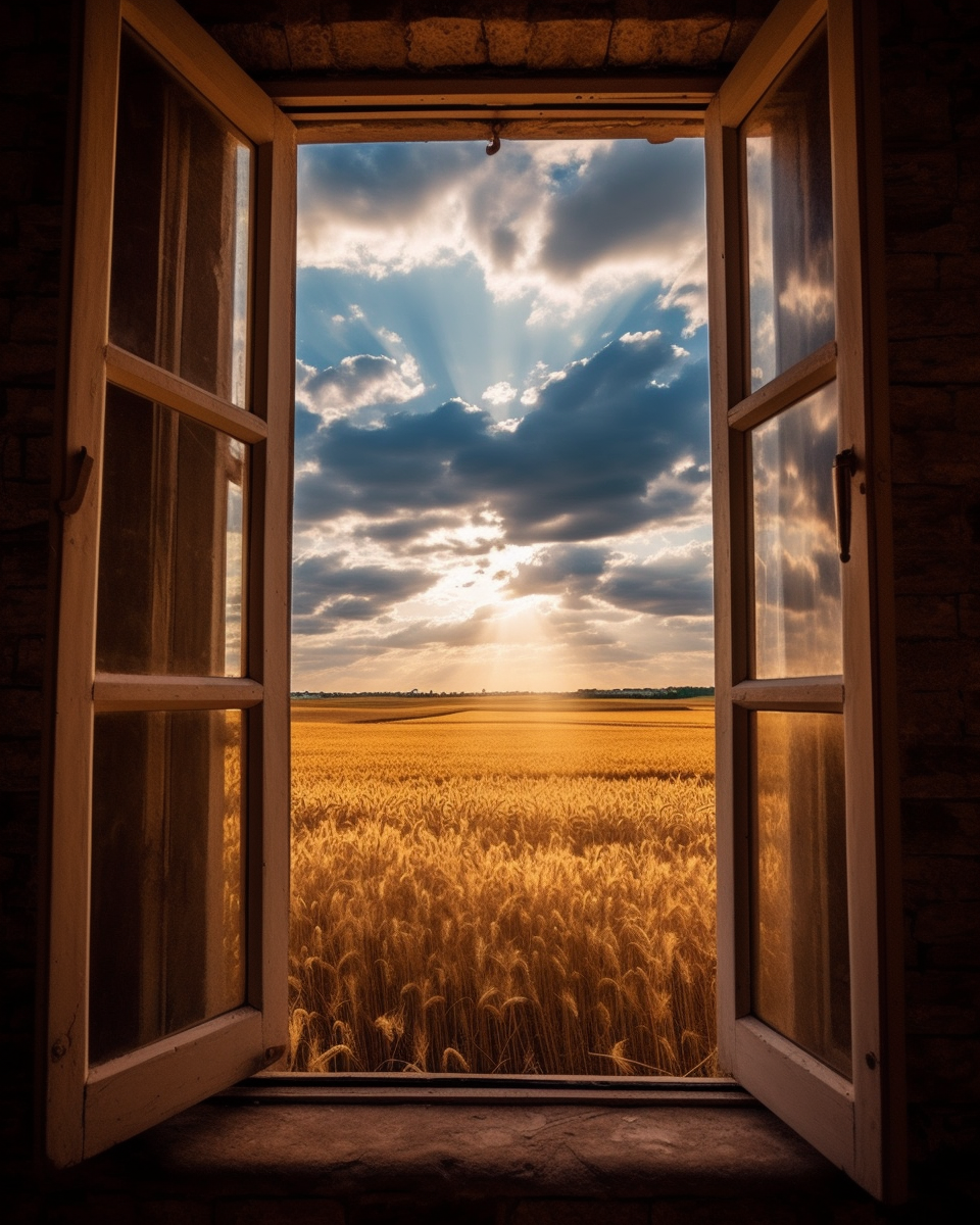 Realistic Field View through Open Window Painting Image