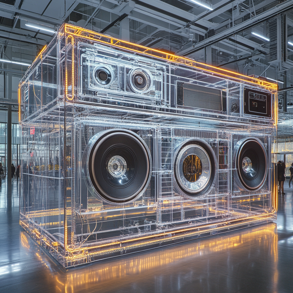 Realistic Giant Boombox Installation in Modern Indoor Space 