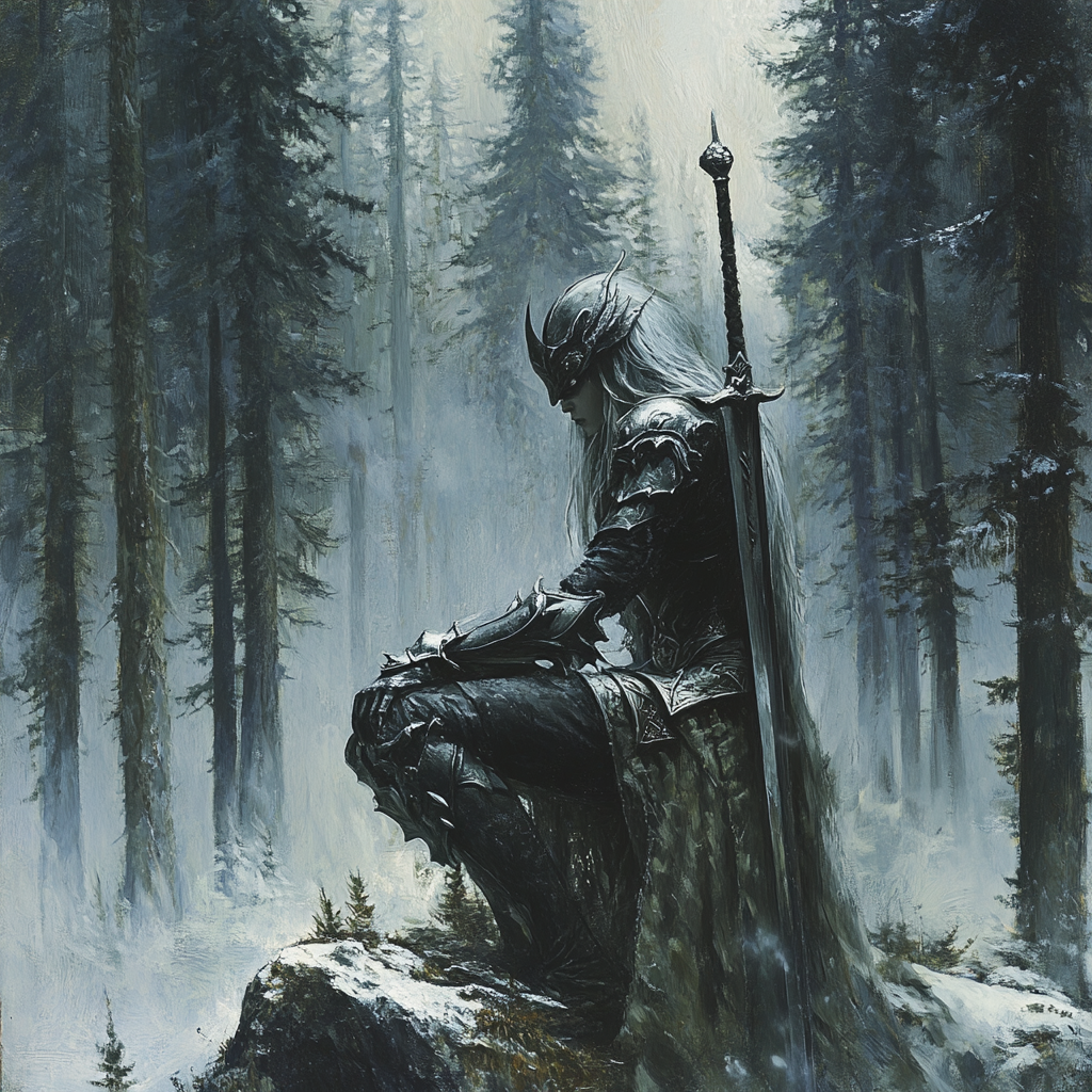 Realistic Gothic Elf Warrior in Pine Forest