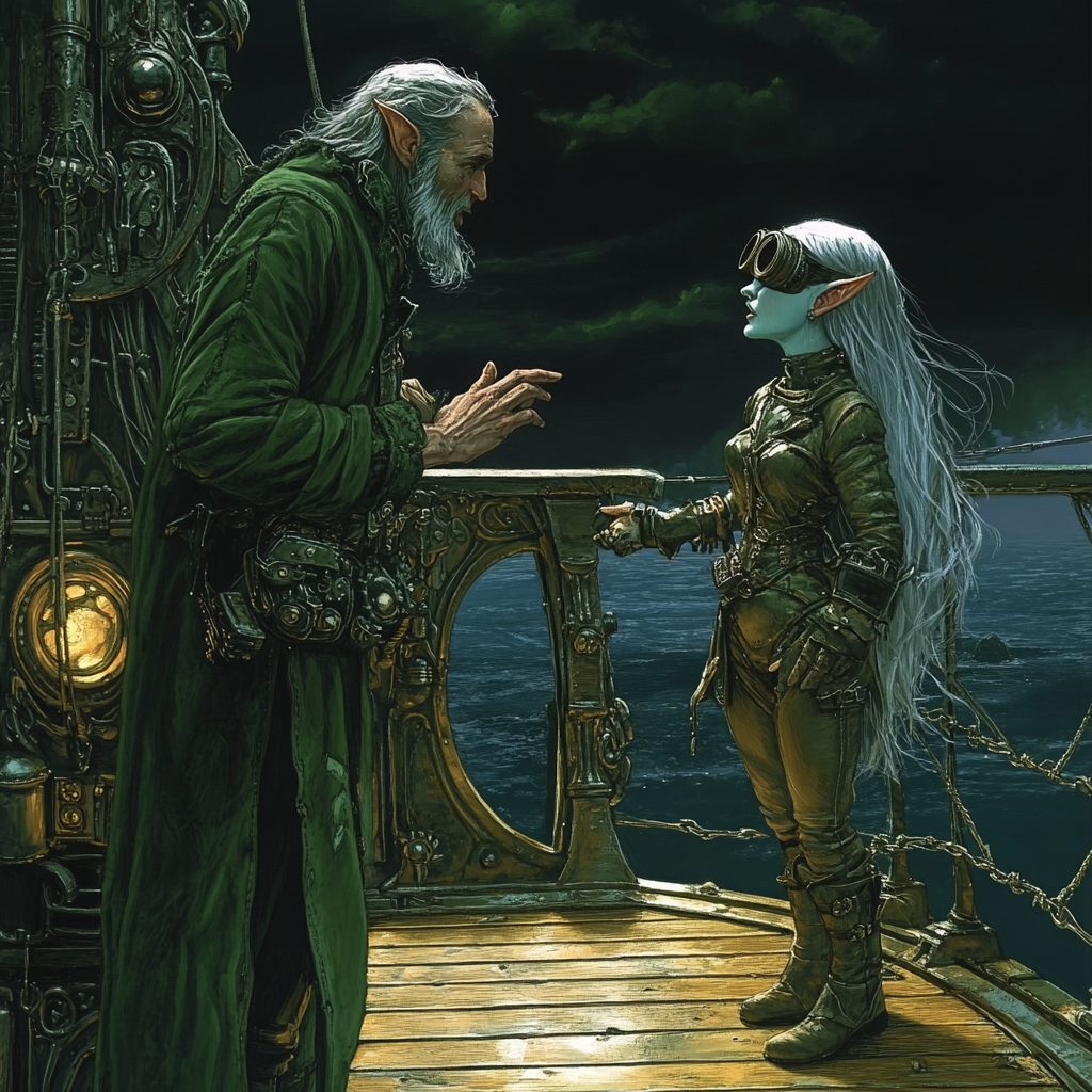 Realistic Grim Fantasy Art: Humans, Elves, Gnomes on Ship