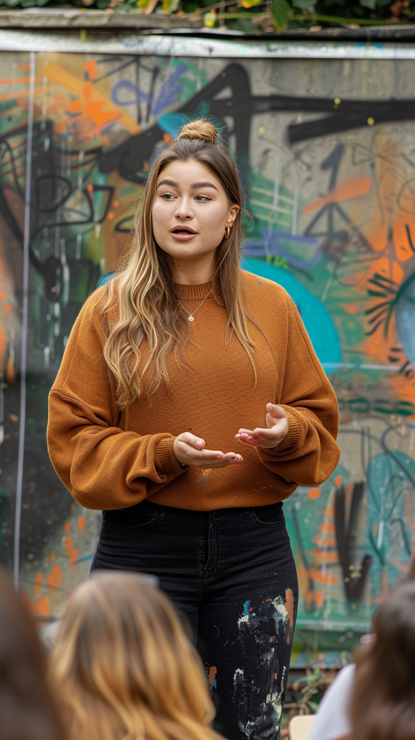 Realistic HD Photo: Plus Size Woman Giving Talk 