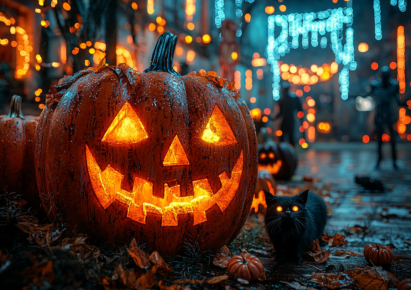 Realistic Halloween scene with costumes, pumpkins, fairy lights.