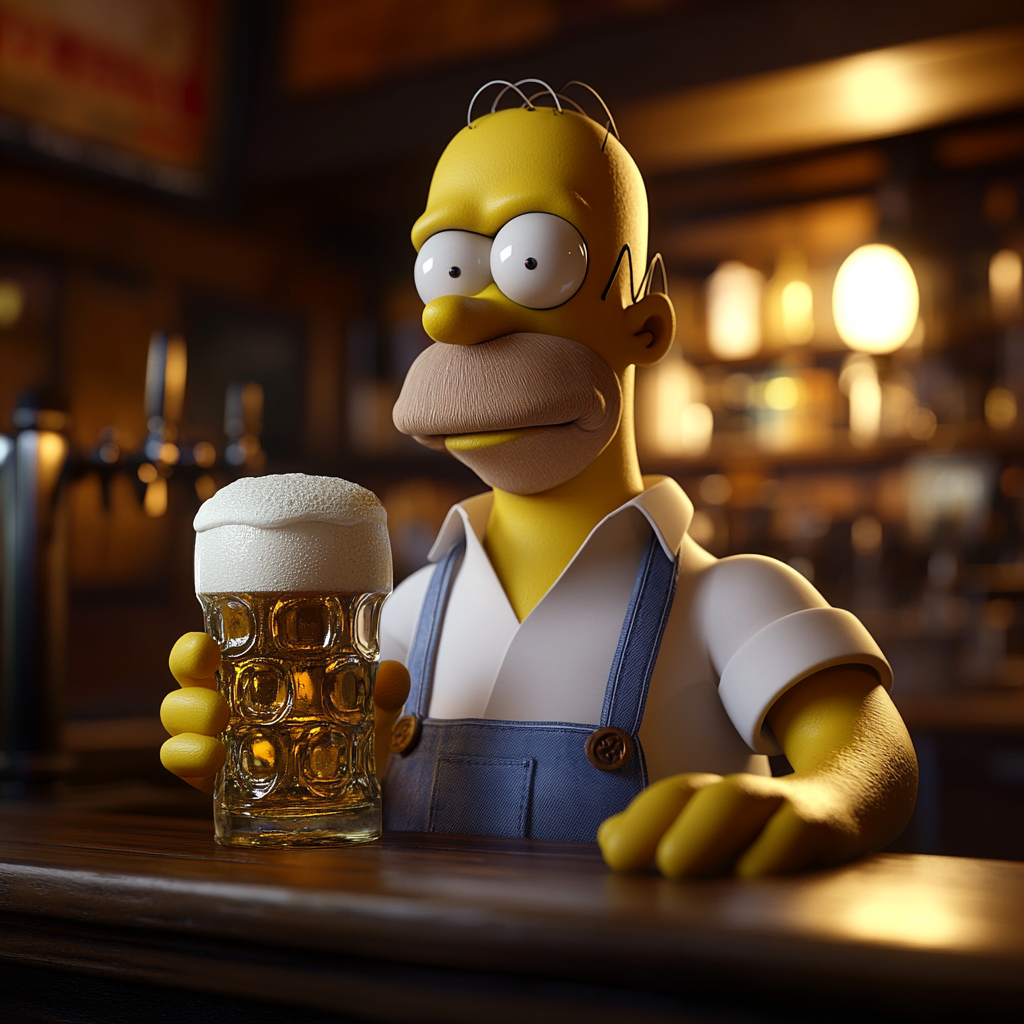 Realistic Homer Simpson at bar with beer, details.