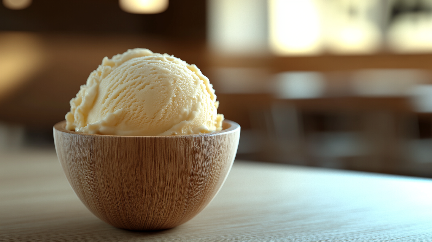 Realistic Italian Gelato in Wooden Cup on Table Texture Close-Up