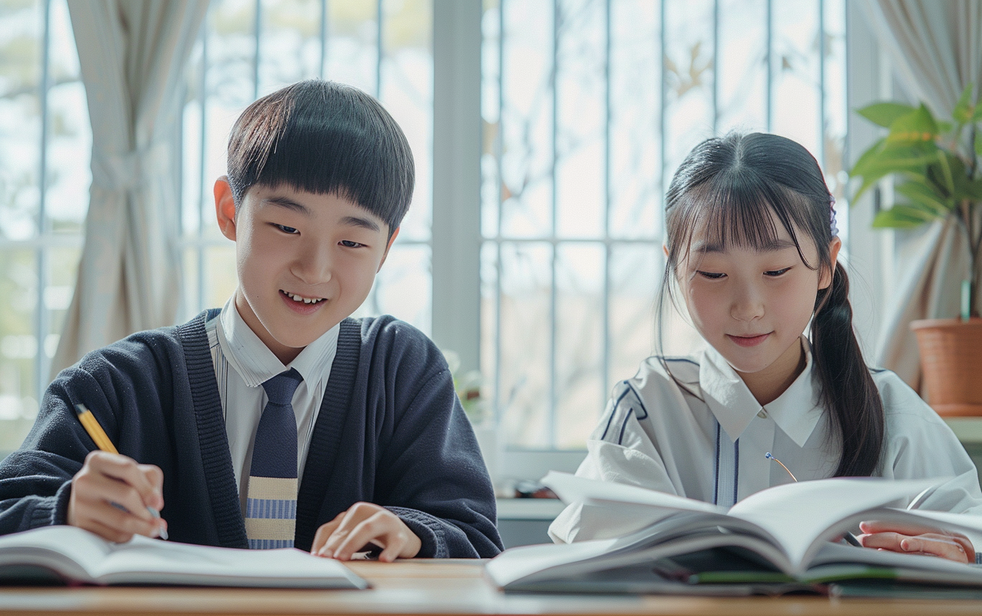 Realistic Korean Middle School Students Studying English Intensely