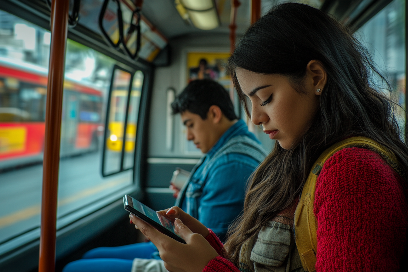 Realistic Latin American Couple Using Smartphone on Metrobus