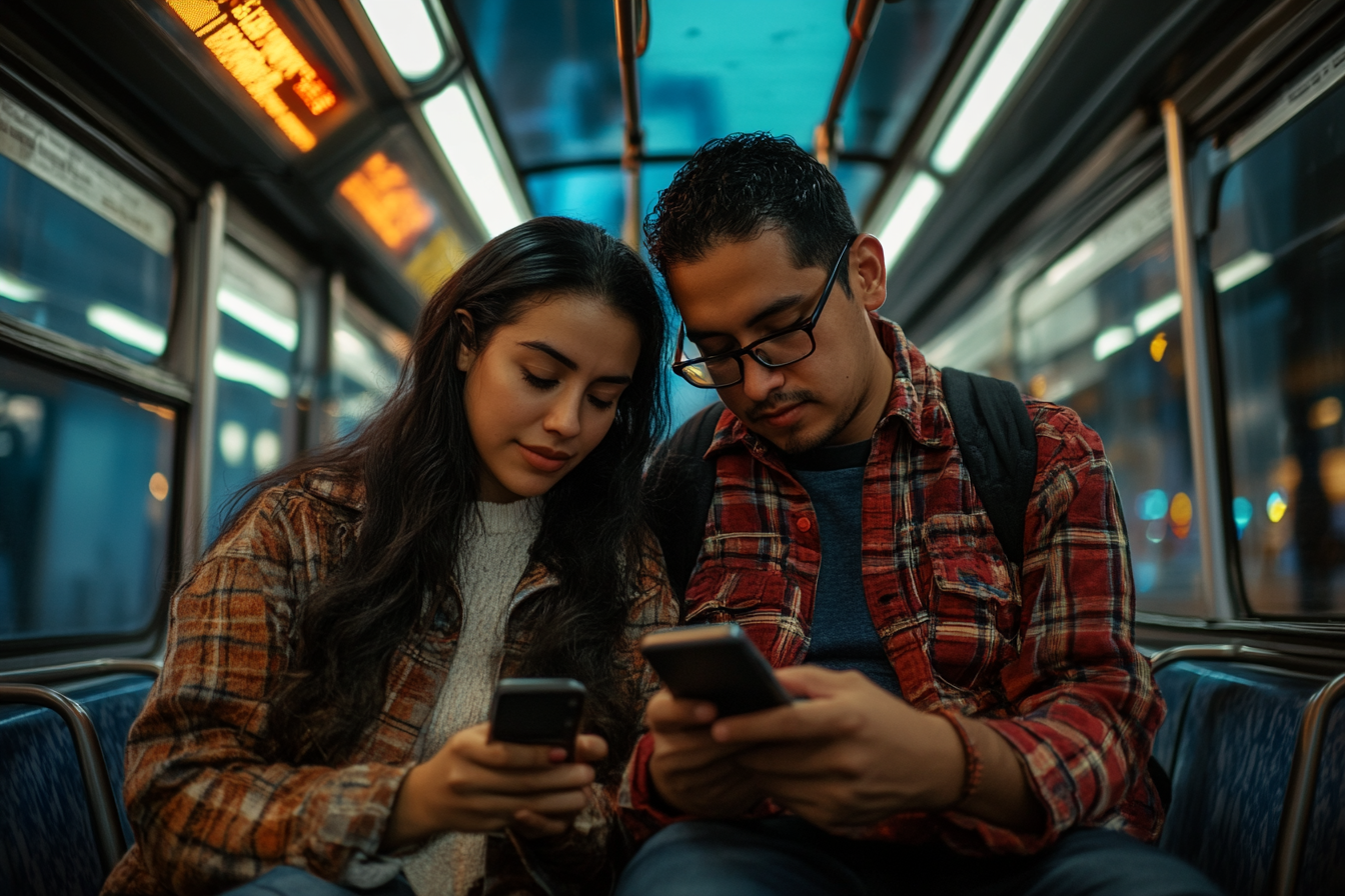 Realistic Latin American Couple Working on Smartphone, Metrobus Background