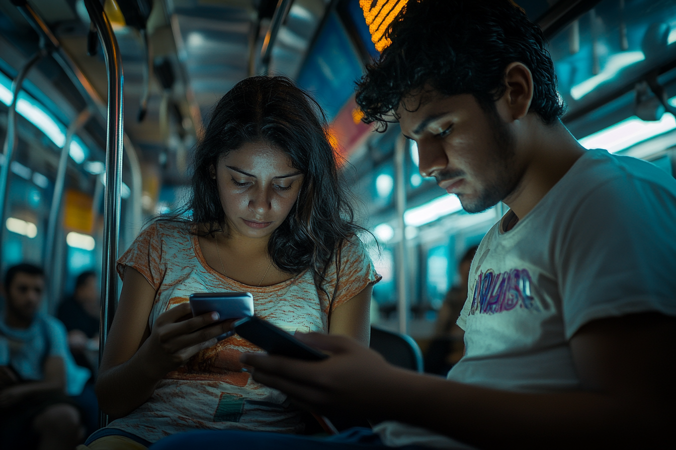 Realistic Latin American Couple on Smartphone in Mexico City