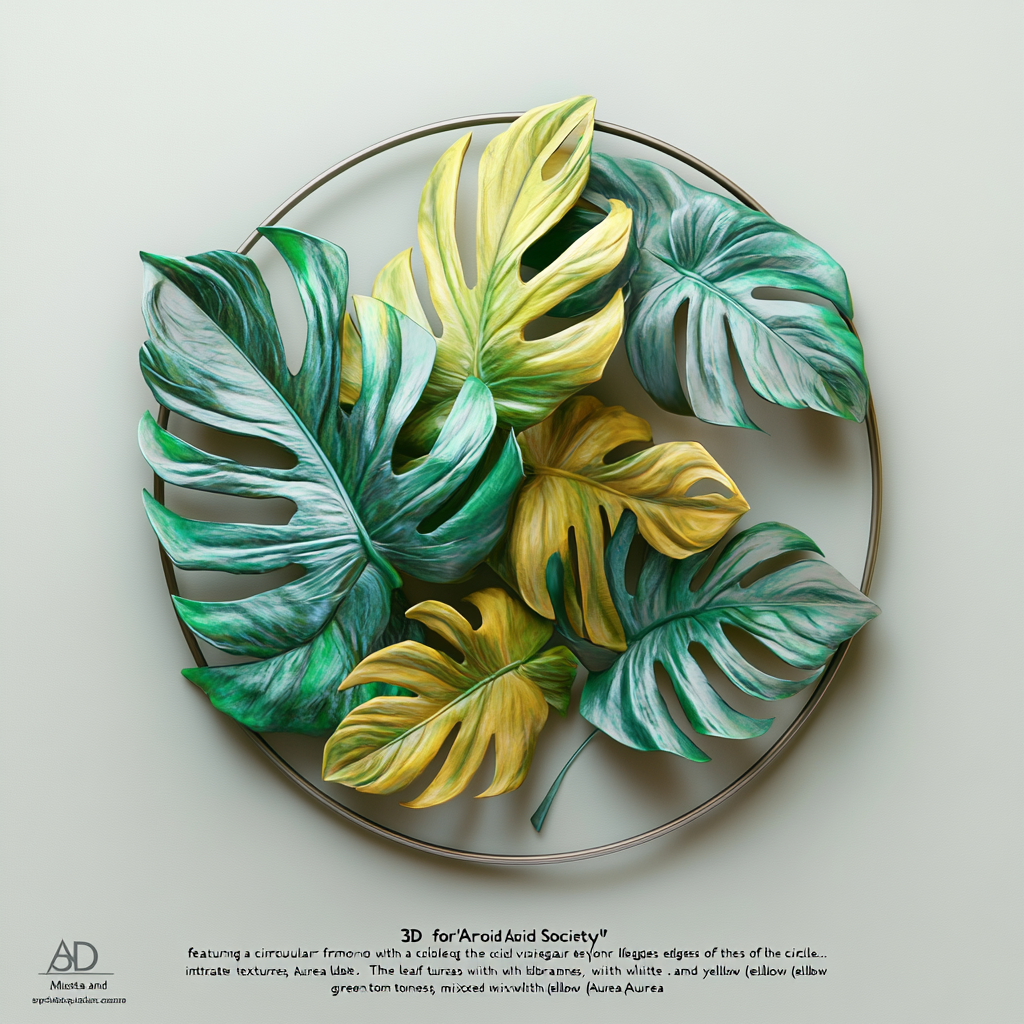 Realistic Monstera leaf in circular logo for Aroid Society.