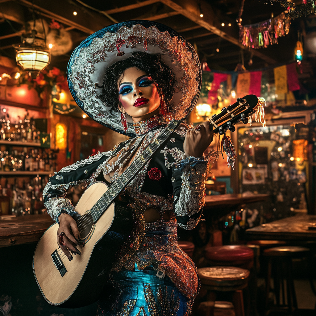 Realistic Night Advertising Photo: Drag Queen Mariachi Celebration 