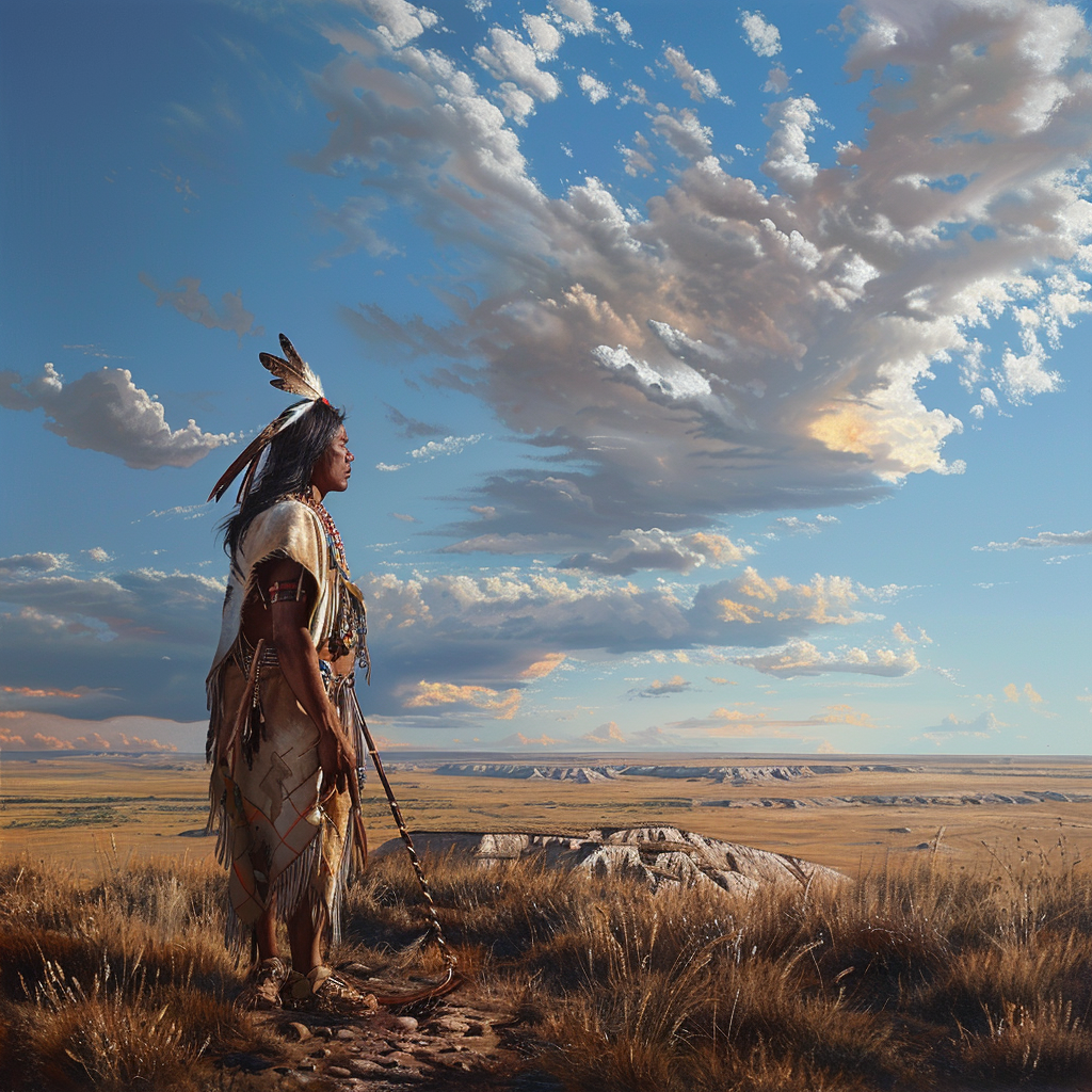 Realistic Oil Painting: Native American Warrior on Plains