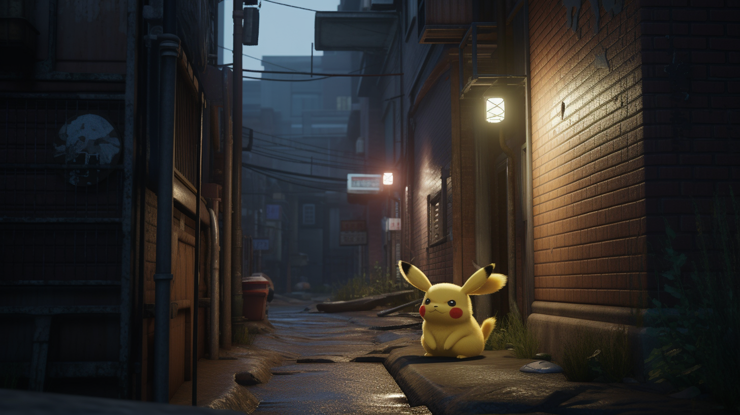 Realistic Pikachu in Japanese Alleyway Photo: Fluffy Fur Texture