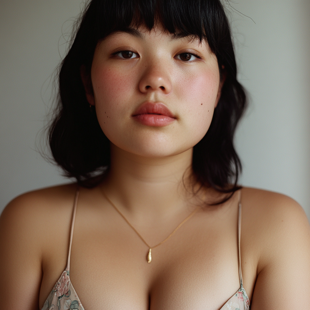 Realistic Portrait of 28-Year-Old Woman, Chubby Body, Black Hair