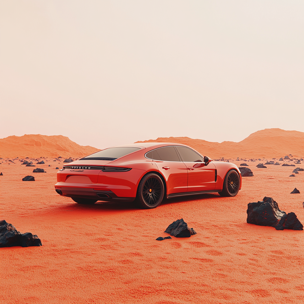 Realistic Red Panamera 911 Car on Martian Terrain