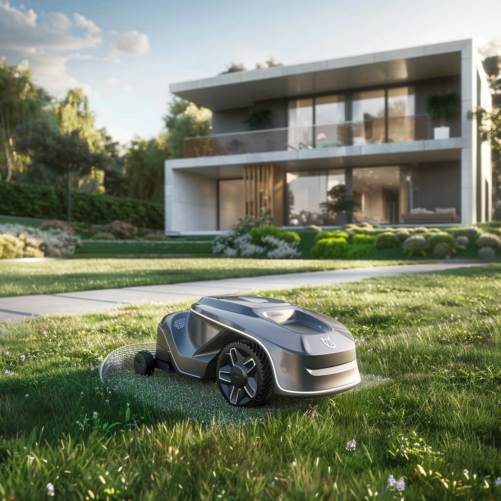 Realistic Small Robotic Lawn Mower in Suburban Setting 