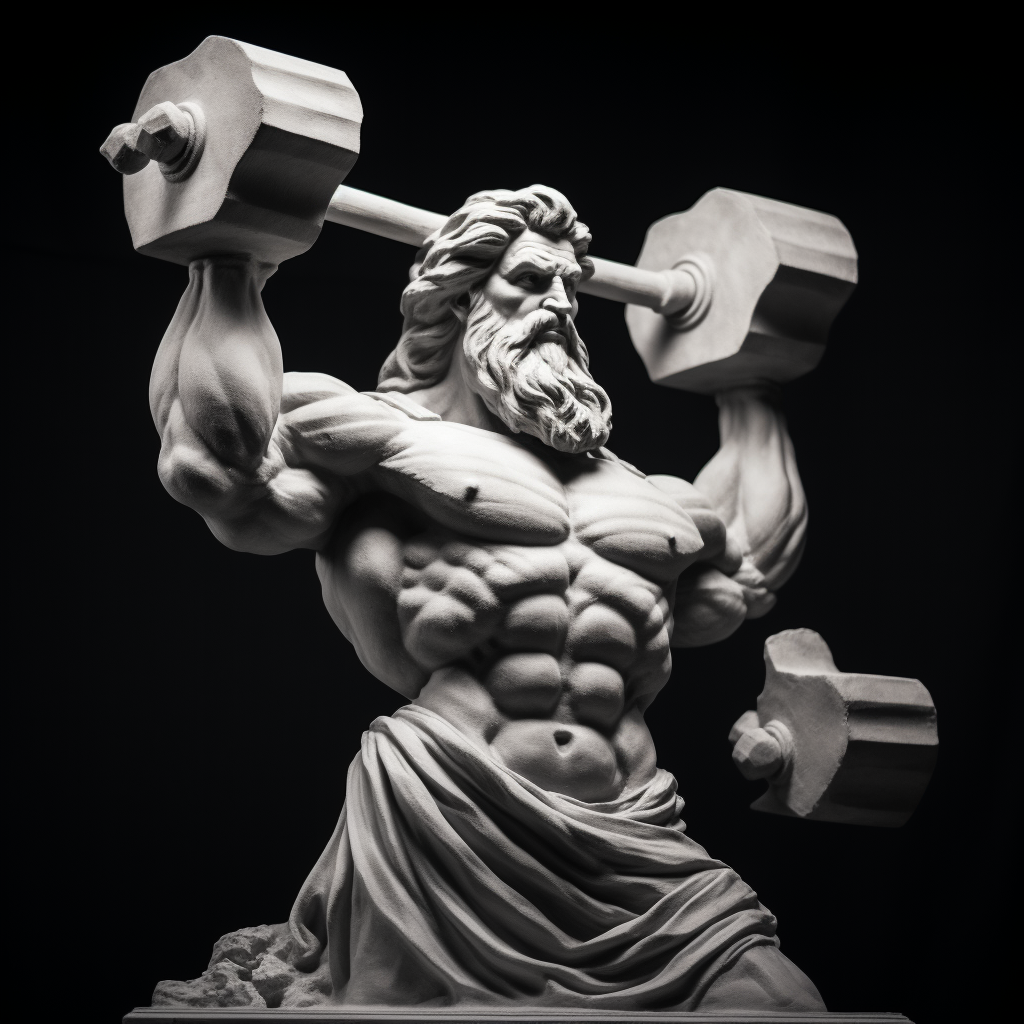 Zeus sculpture lifting dumbbells