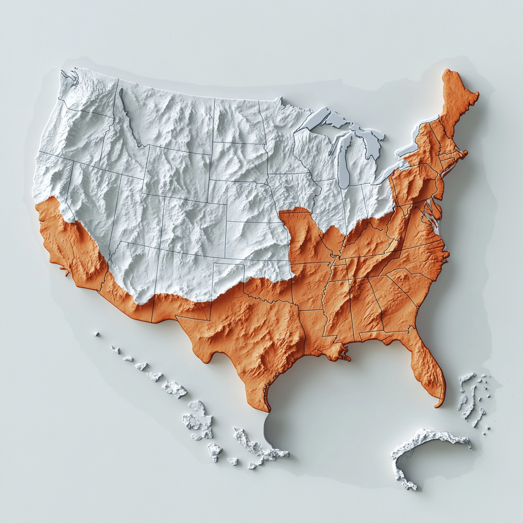 Realistic US Map Terrain with Orange-highlighted States