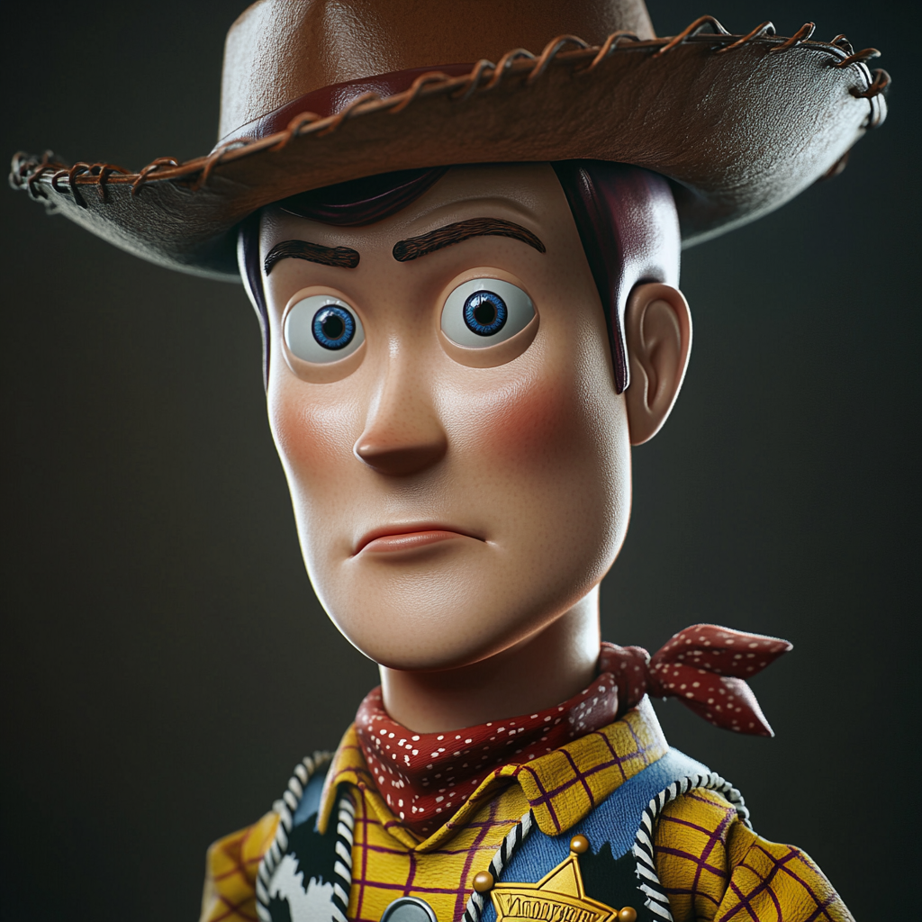 Realistic Woody with slender face, blue eyes, cowboy hat.