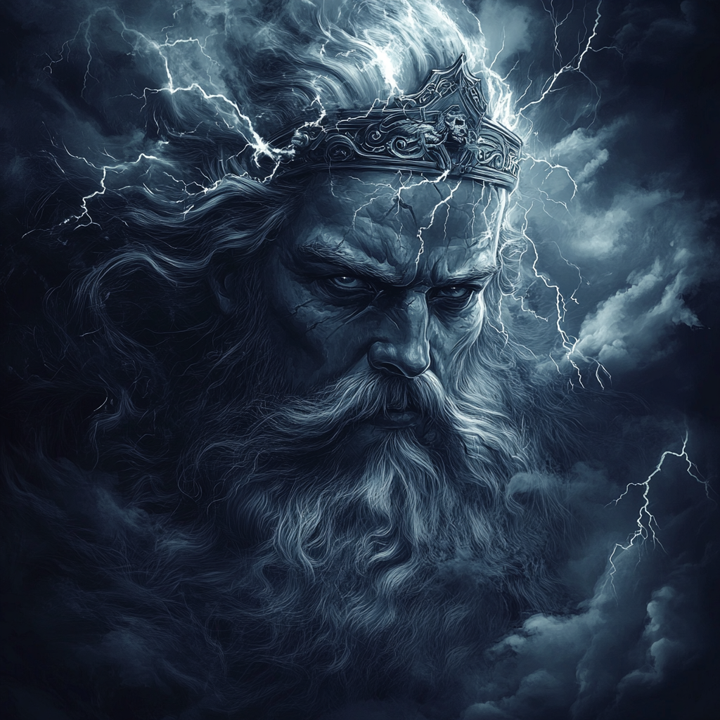 Realistic Zeus Illustration with Lightning Crown and Storm Clouds 