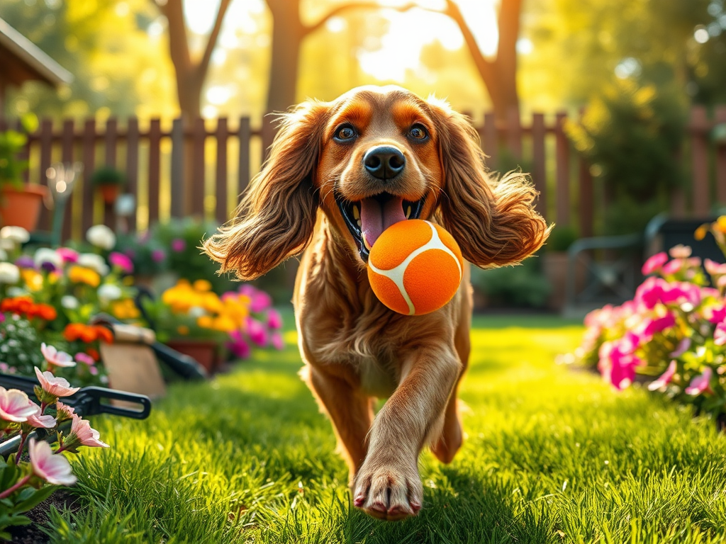 Realistic and Detailed Image: Happy Cocker Spaniel with Tennis Ball Running in Garden