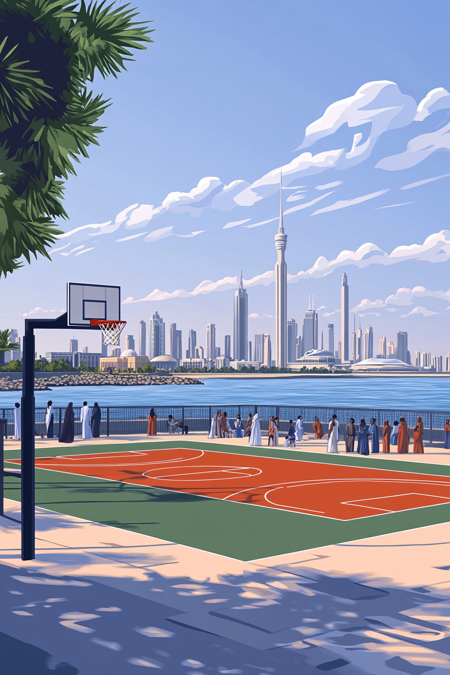 Realistic basketball court in Kuwait with elegant Jaber Al-Ahmad Bridge.