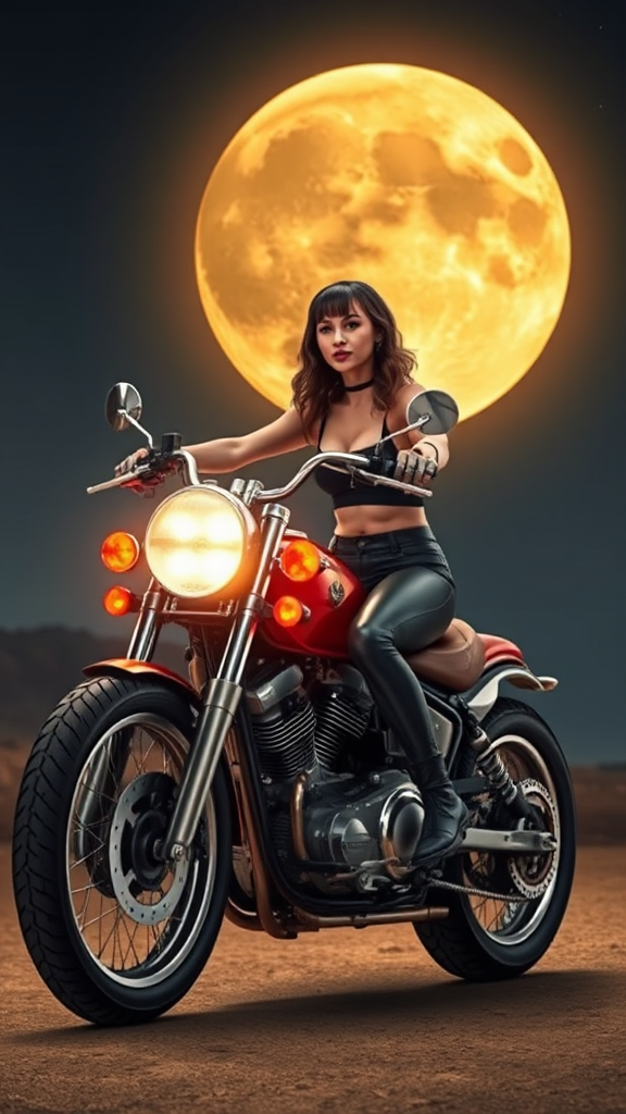 Realistic biker woman on chopper motorcycle with full moon and 3D name Viky