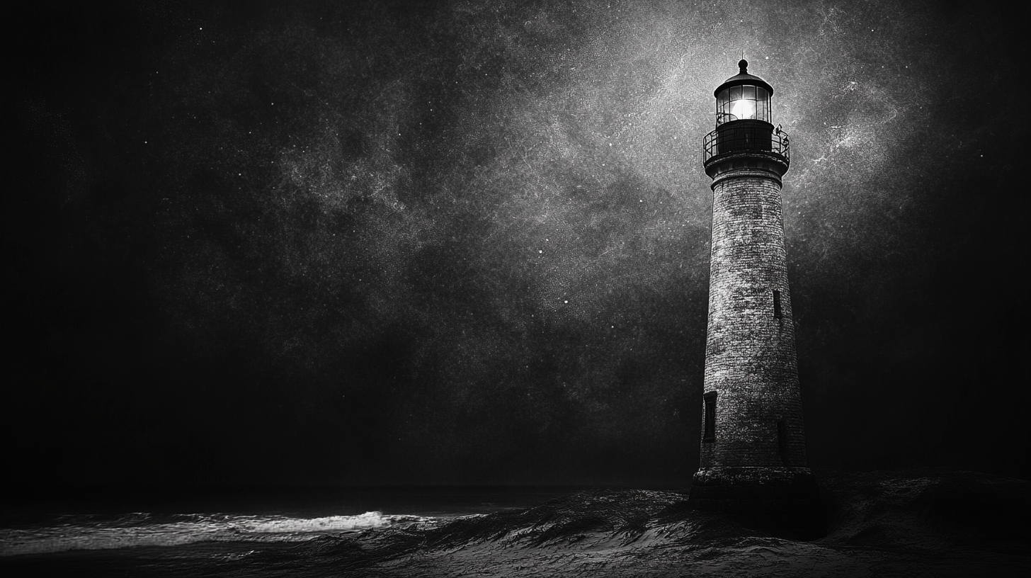 Realistic black and white photo of beach lighthouse at night.