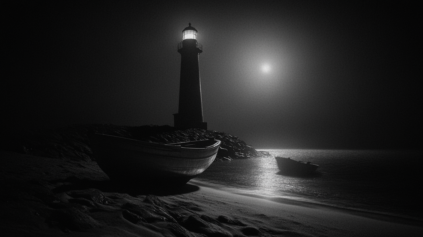 Realistic black and white photo of lighthouse at night.