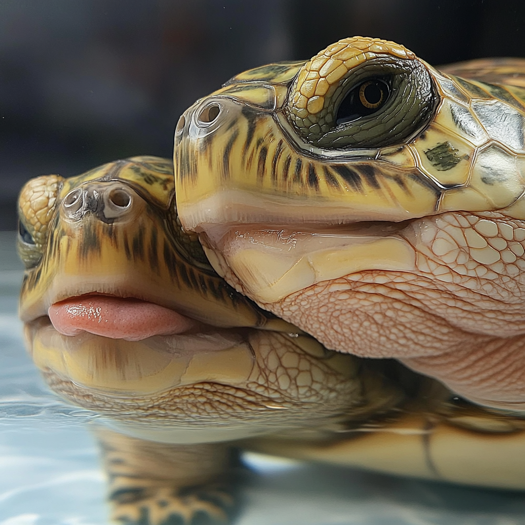 Realistic cartoon image of one turtle kissing air enthusiastically.