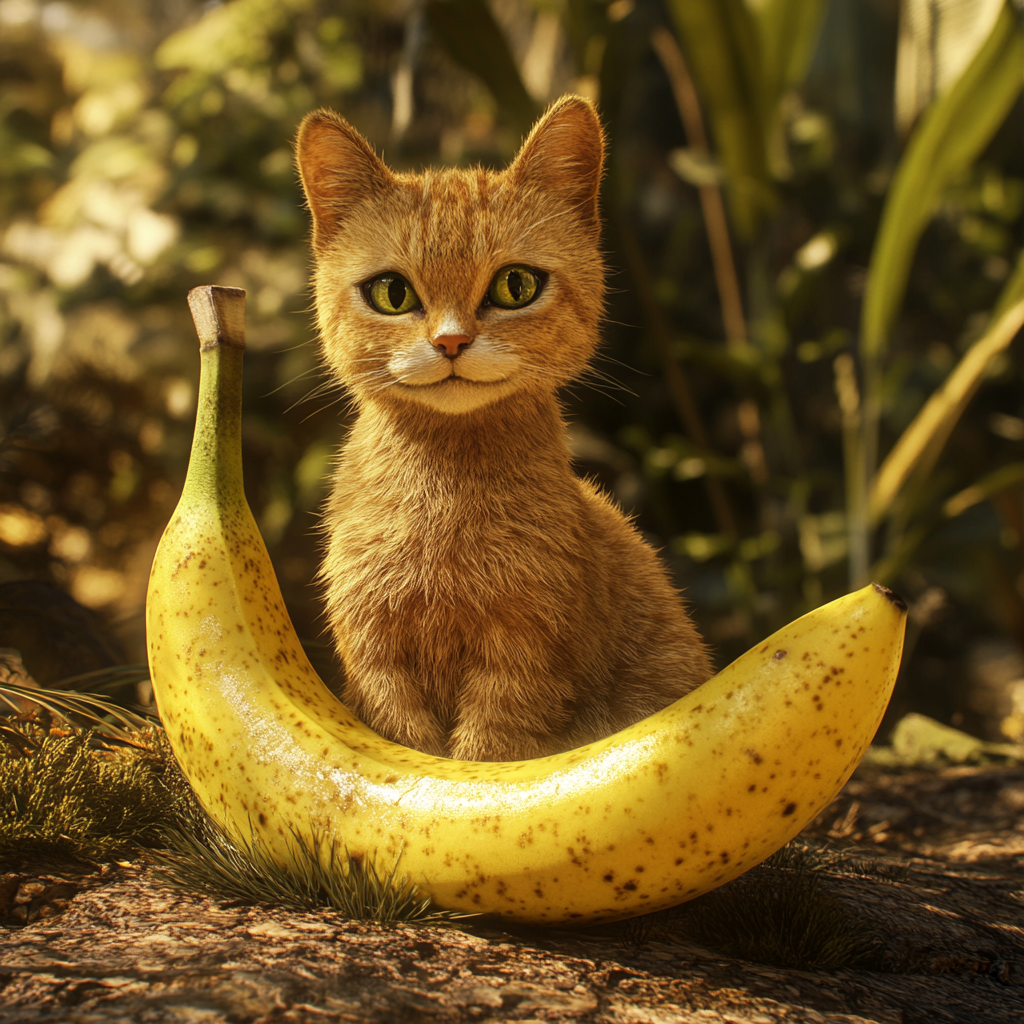 Realistic cat with banana-like features in natural setting.