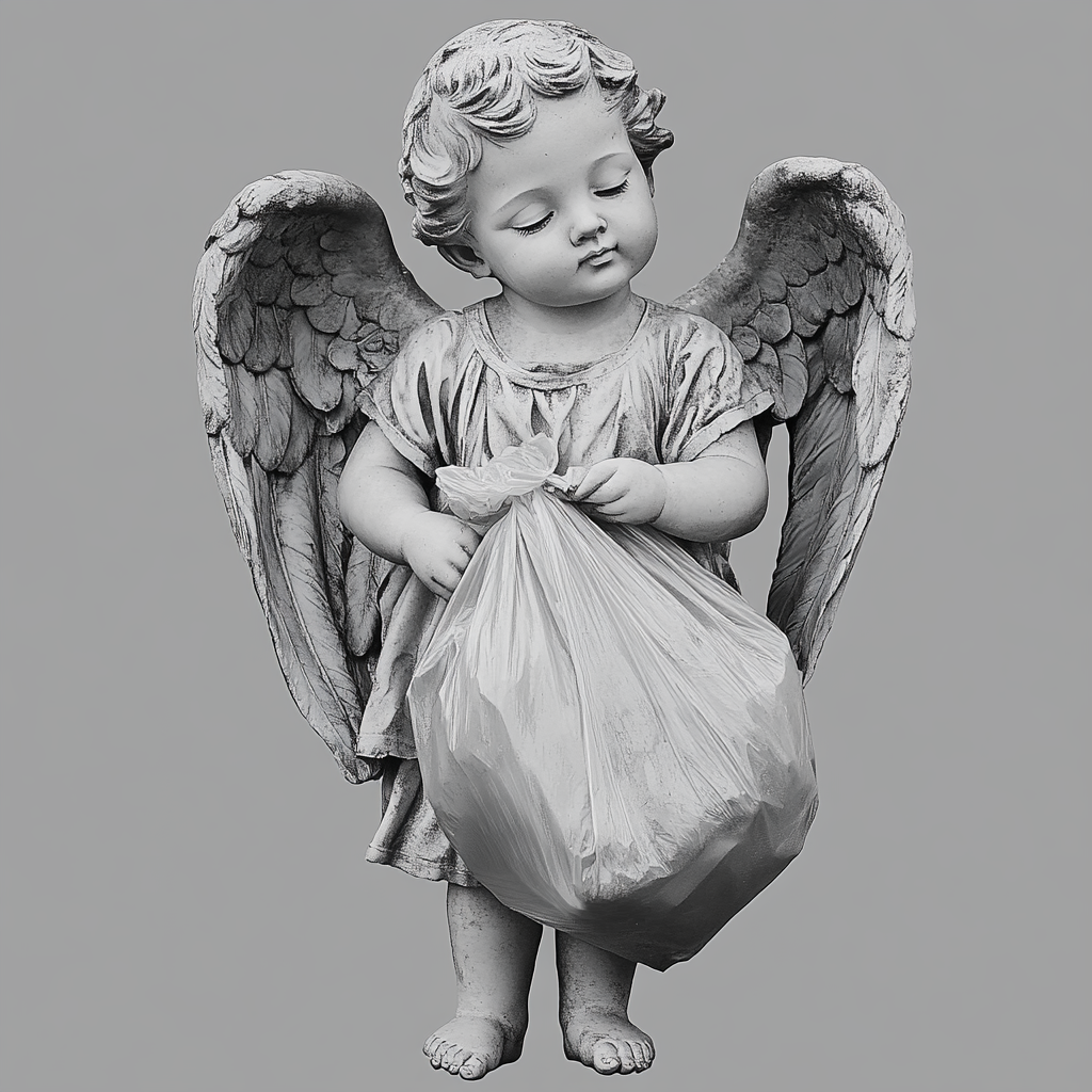 Realistic child angel on gray background with wings.