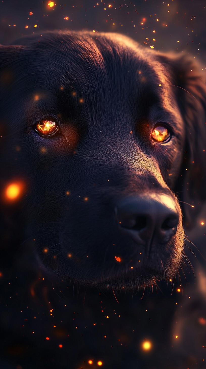 Realistic dog with charming powers, purple fur, glowing eyes.