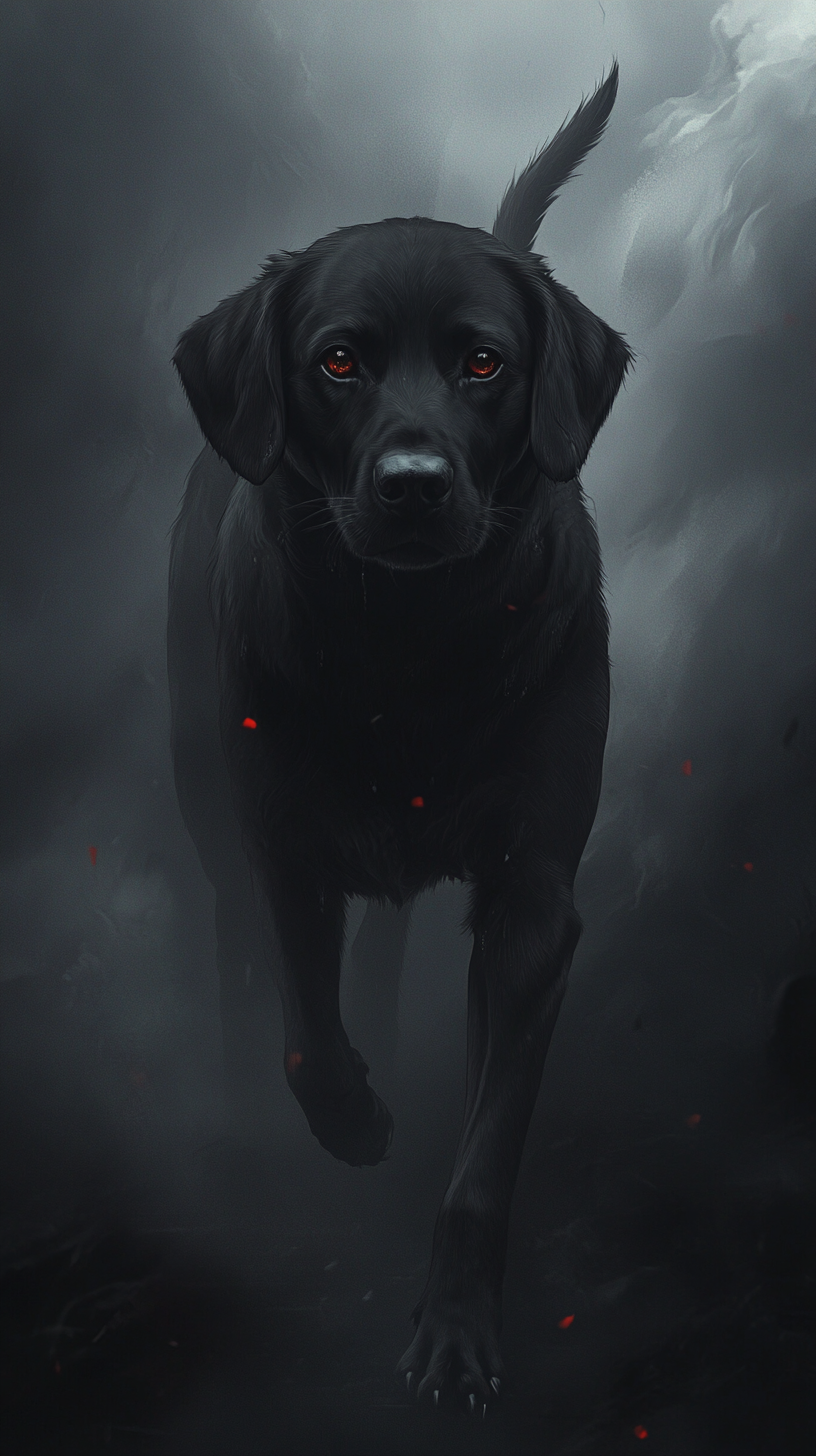 Realistic dog with dark powers, deep black fur, red eyes.