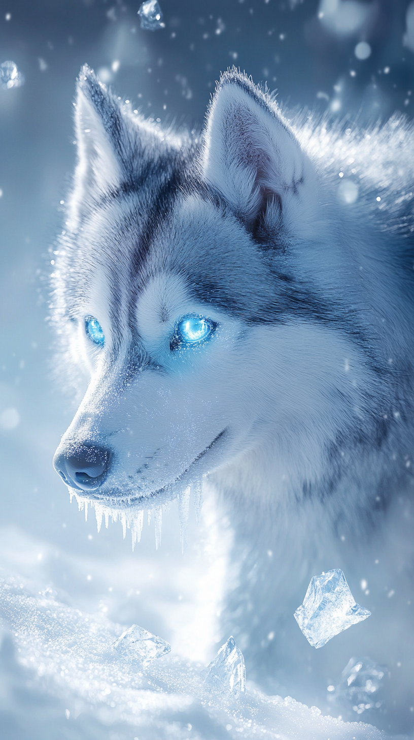 Realistic dog with ice powers, light blue fur, crystal patterns, eyes, ice shards floating, winter background.