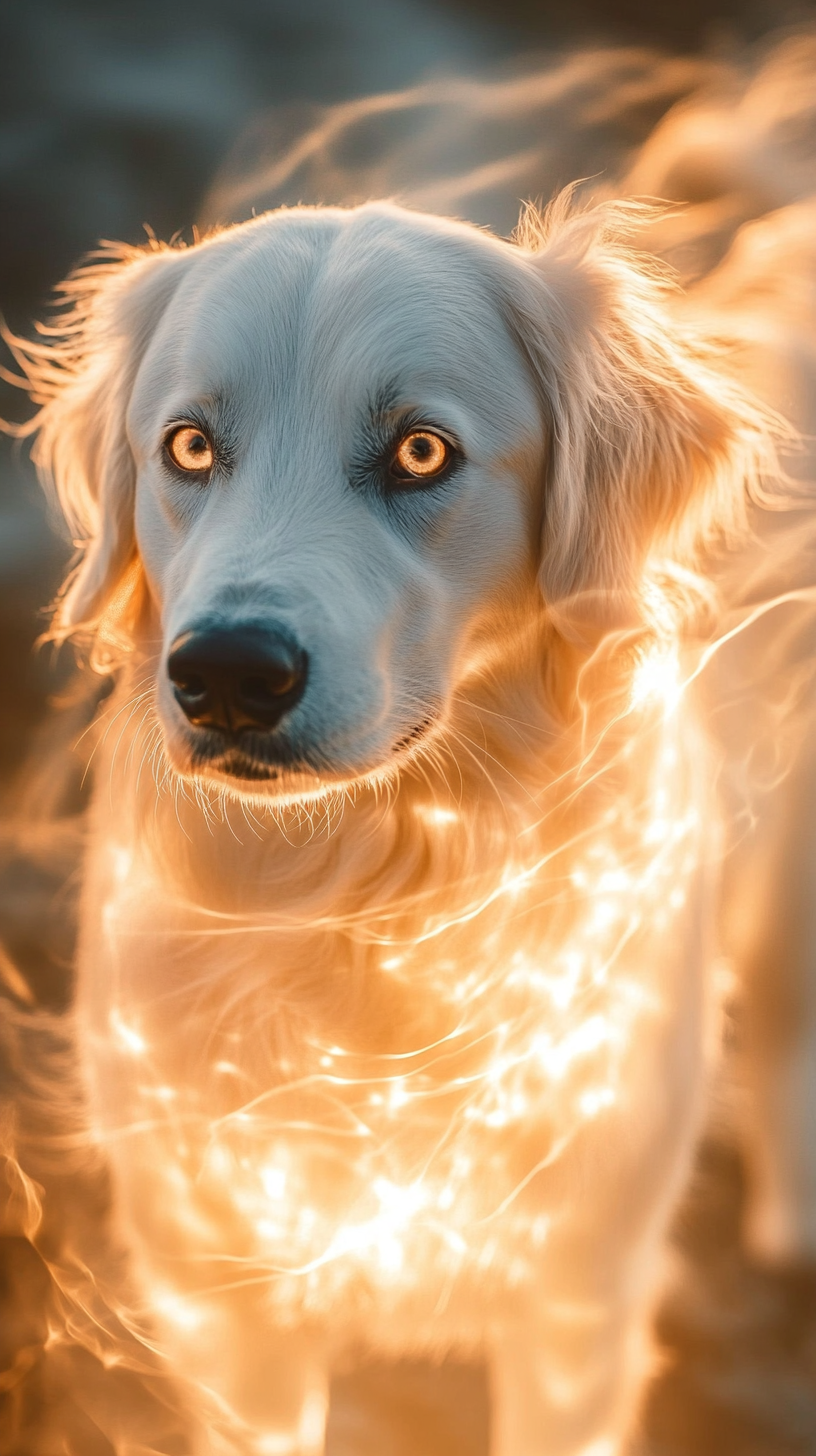 Realistic dog with light powers, white fur with golden patterns.