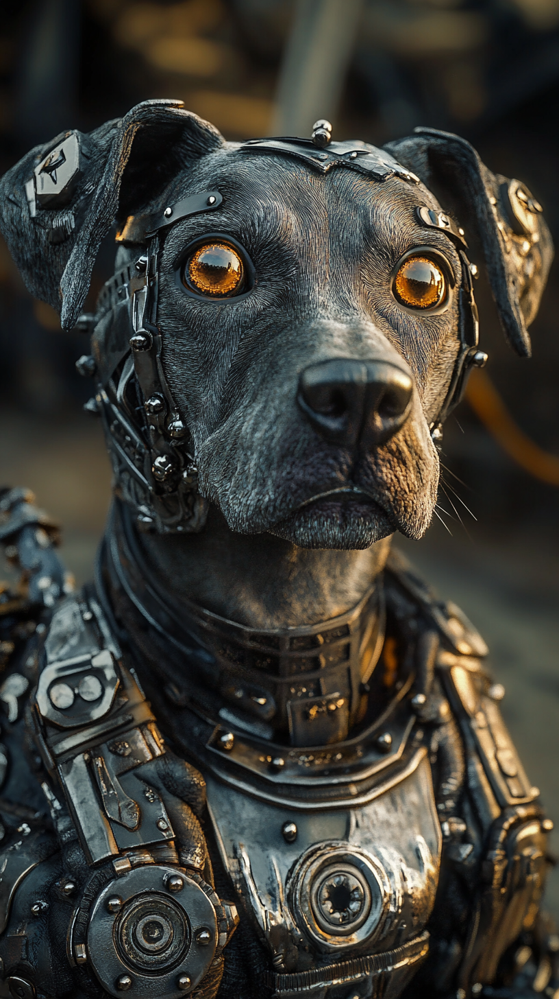 Realistic dog with metal powers, silver fur, shiny eyes.