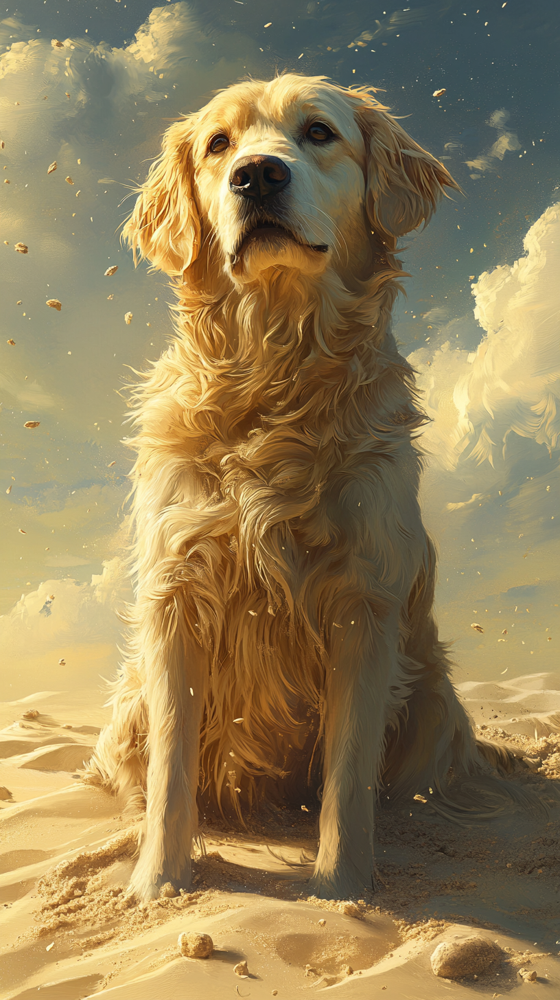 Realistic dog with sand powers, golden fur, glowing eyes.