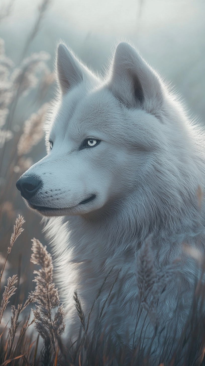 Realistic dog with wind powers, pale grey fur, swirling clouds.