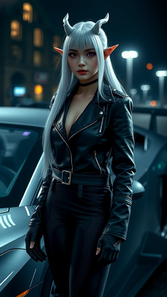 Realistic elf girl standing near Lamborghini