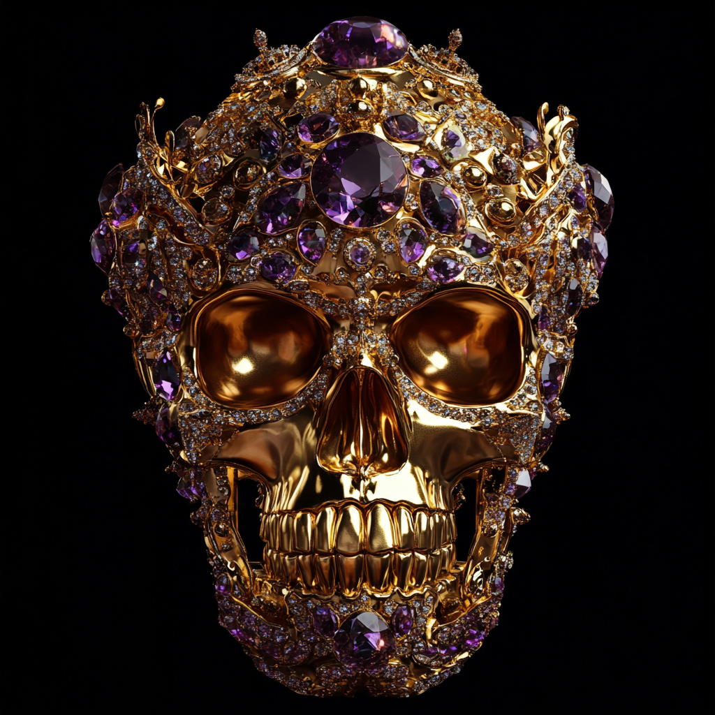 Realistic golden skull covered with purple diamonds and gems.